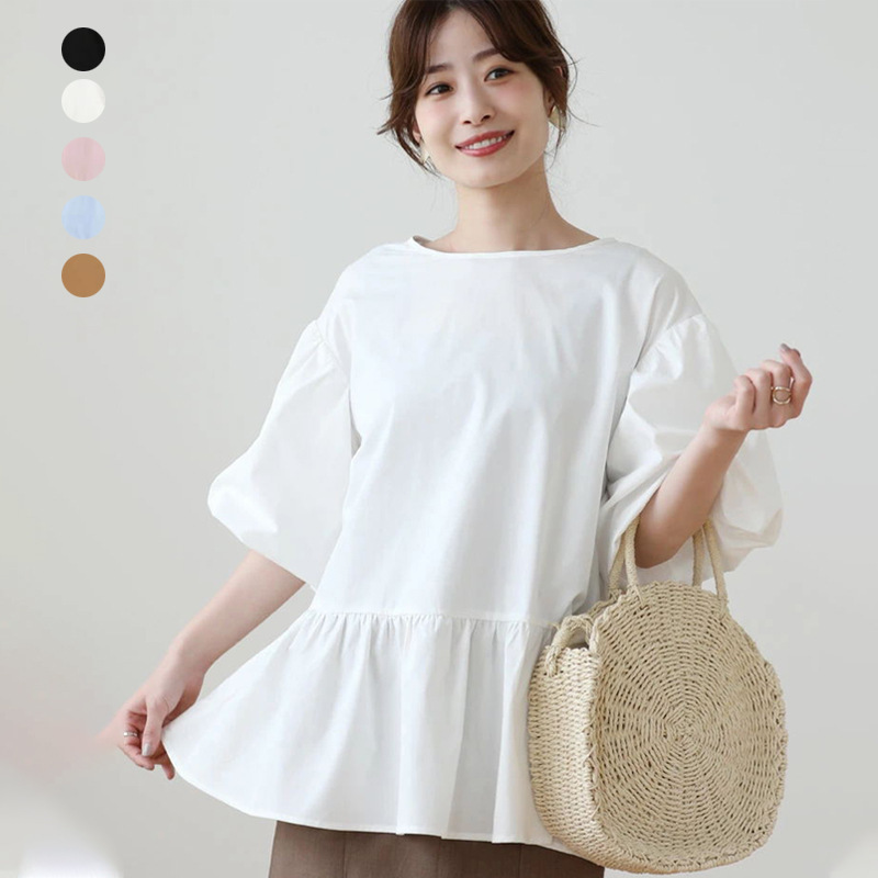 Foreign Trade New Main Push 2022 Summer Round Neck Cotton Shirt Women's Balloon Sleeve Design Niche Shirt