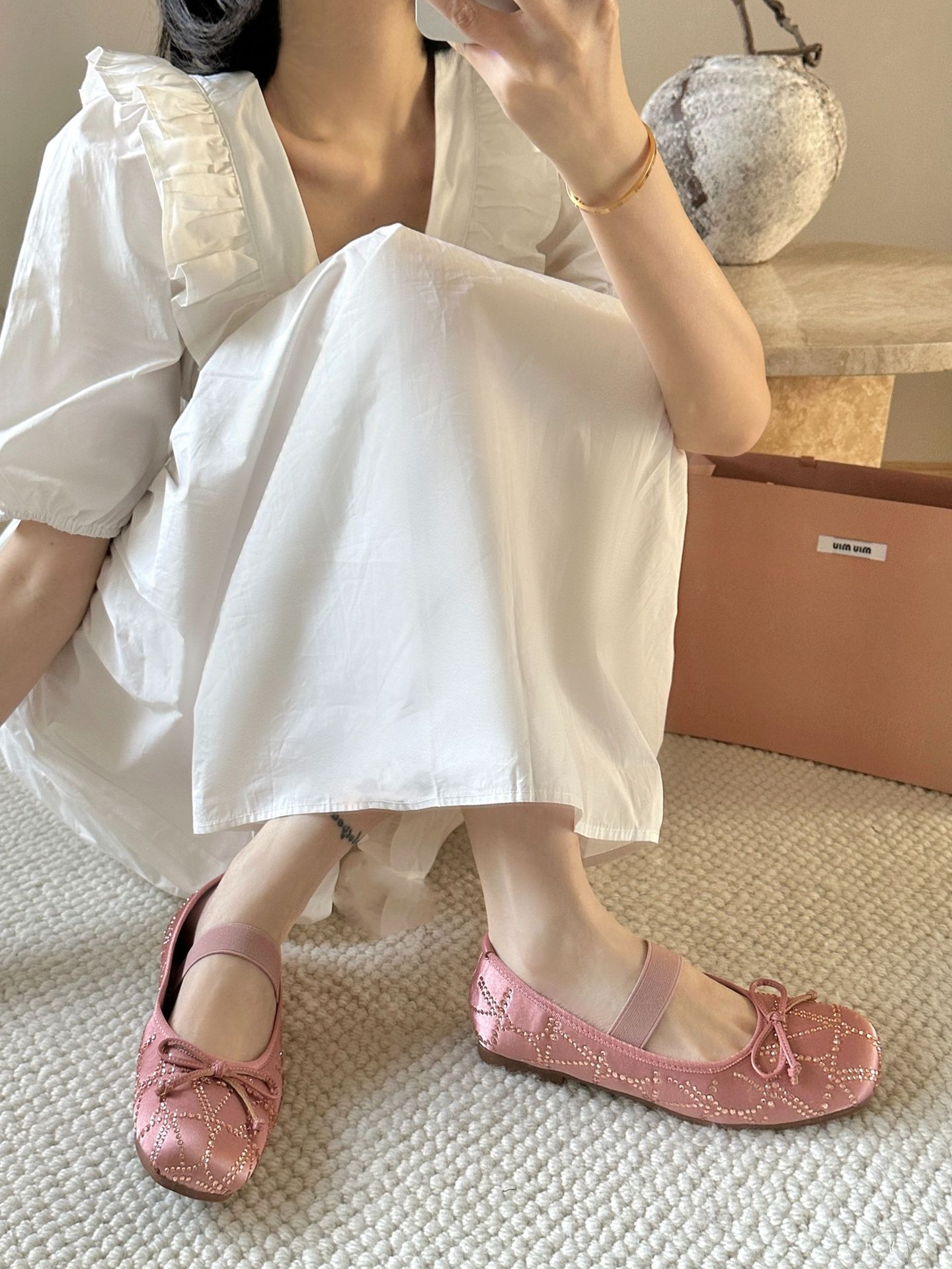 Scarpe Mary Jane in raso con fiocco in stile fata singola, con fondo piatto e fiocco in stile acqua, stagione primavera e autunno 2024_voghion.com