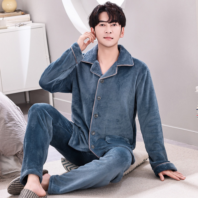 Pijamas de lana de coral coreana para hombres otoño y invierno engrosados franela se pueden usar cardigan de manga larga de invierno conjunto de ropa para el hogar