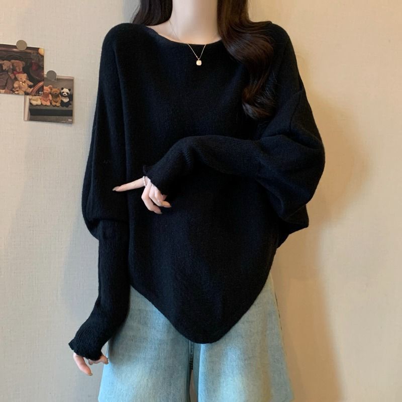 Sexy Black Knitted Sweater Women's Autumn Large Size Fat Mid-Length Irregular Bat Sleeve Cape Top