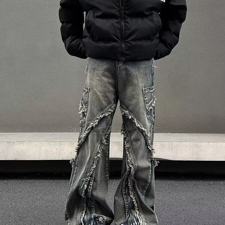 Foreign Trade American Street Niche Heavy-Duty Splicing Raw Edge Zipper Micro-Flared Jeans for Men and Women Loose Floor-Length High Street