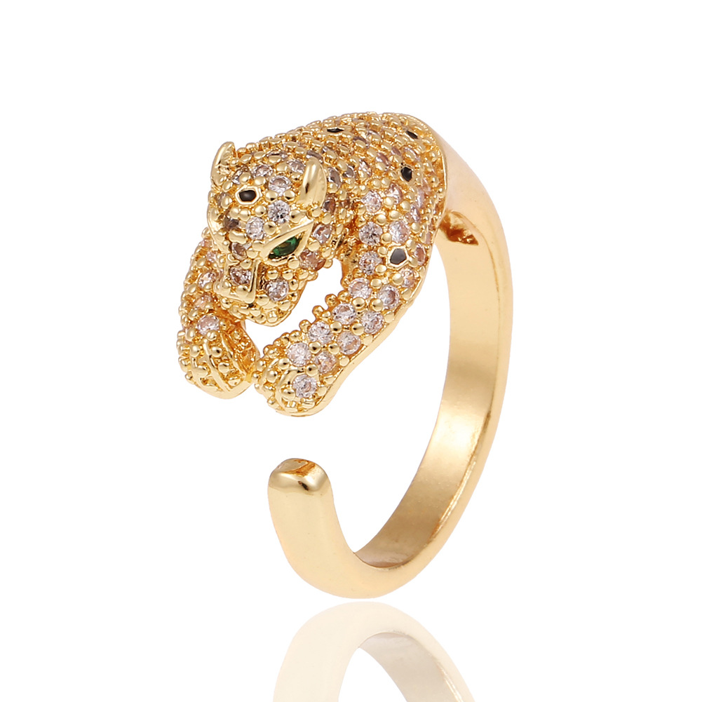 New Hip-hop Copper Inlaid Zircon Leopard Head Open Tail Ring display picture 4