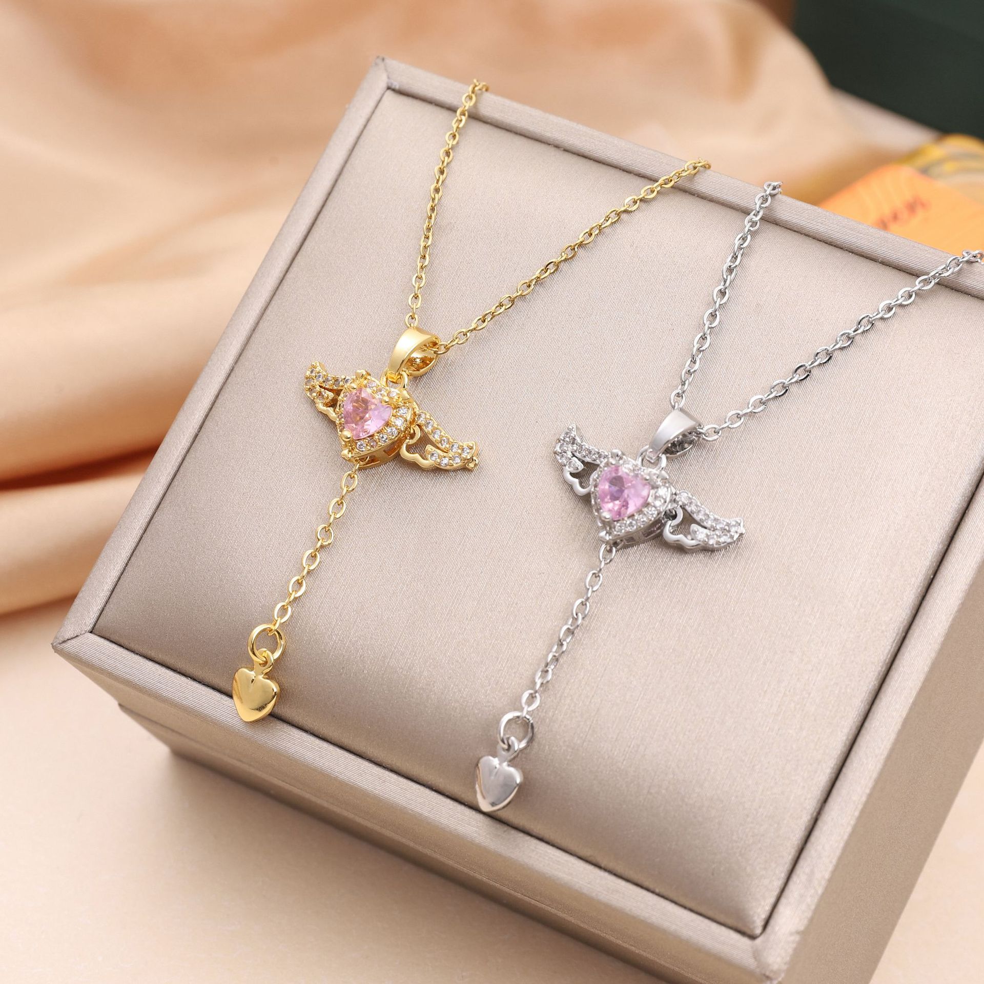 Simple Style Heart Shape Wings Titanium Steel Inlay Rhinestones Necklace Colorza_colorza_1