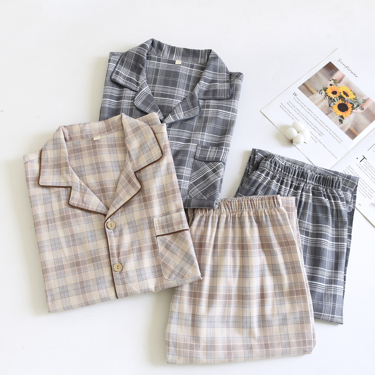 Men's Four-Season Pure Cotton Brushed Pajamas, Pajamas, Large Size Home Clothes, Simple Plaid Suit, Spring & Fall Thin Suit