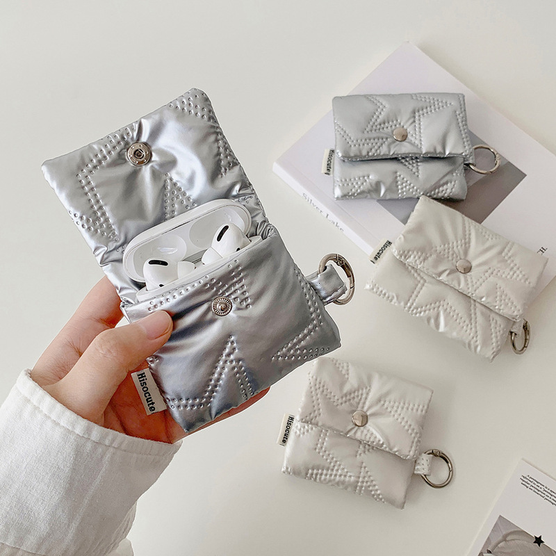 Sweet and Cool Silver Simple Five-Pointed Star Headphone Bag AirPods Protective Cover Bluetooth Headphone Cosmetics Bag Coin Purse