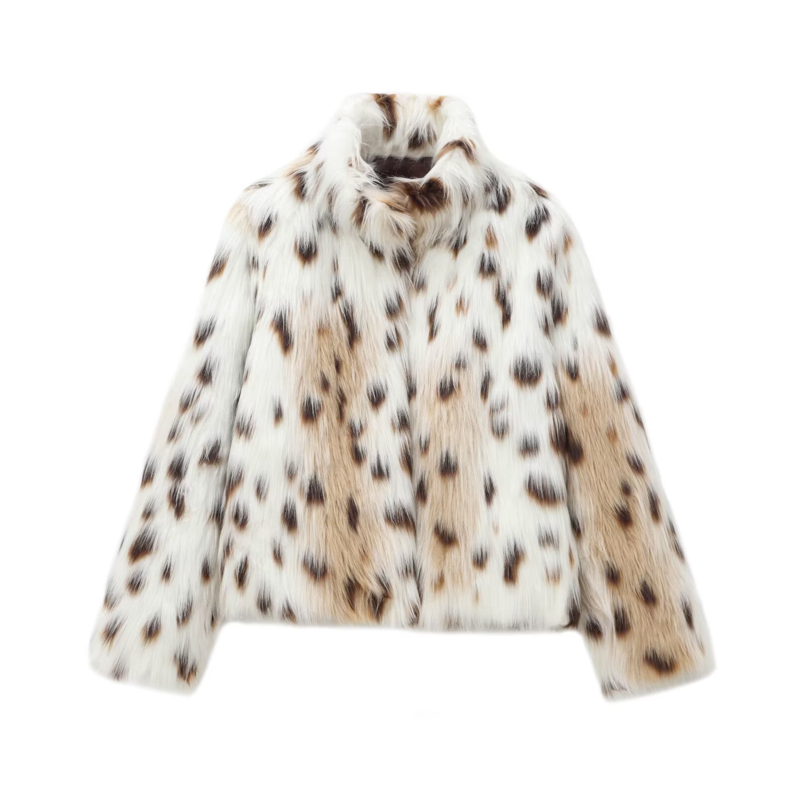 跨境外贸欧美女装2025冬时尚立领人造皮草印花长袖毛呢外套L52270