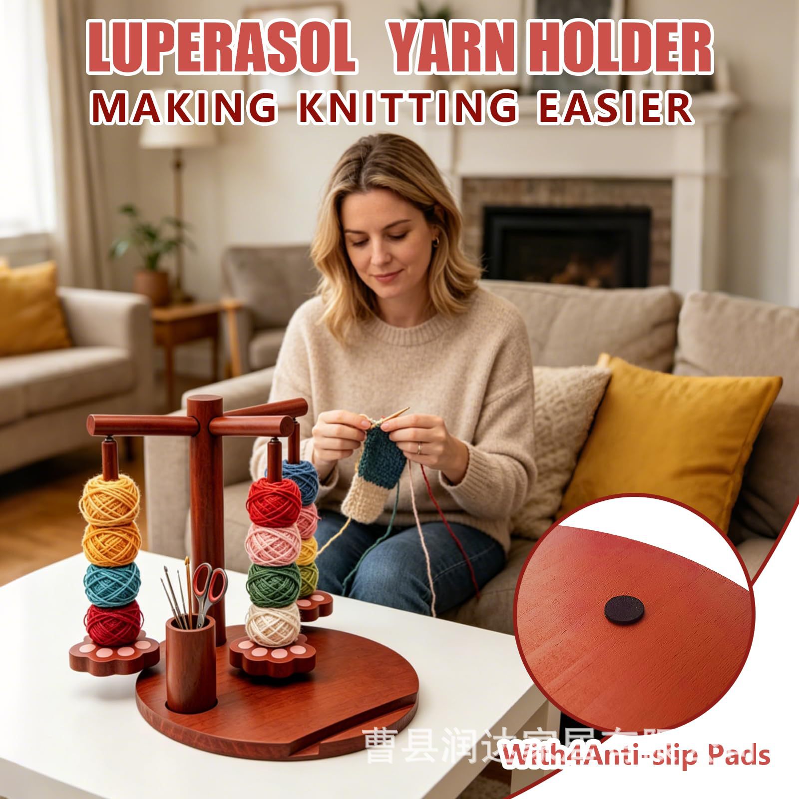Wooden Yarn Rack with Cat-Shaped Design, Yarn Storage Rack with Phone Holder, Crochet Bucket for Organizing Yarn and Knitting Tools