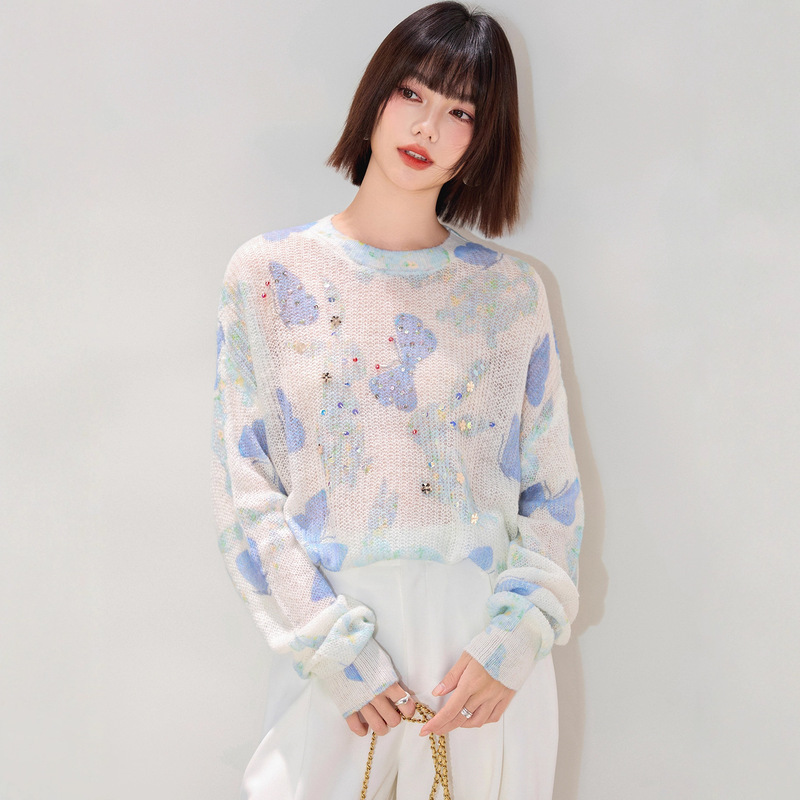 2025秋季新款韩版晕染印花水钻提花毛衣女宽松气质圆领针织打底衫|undefined