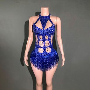 Cross-border female singer catwalk rhinestone tassel stretch thin Latin dance skirt dress stage performance clothes sexy