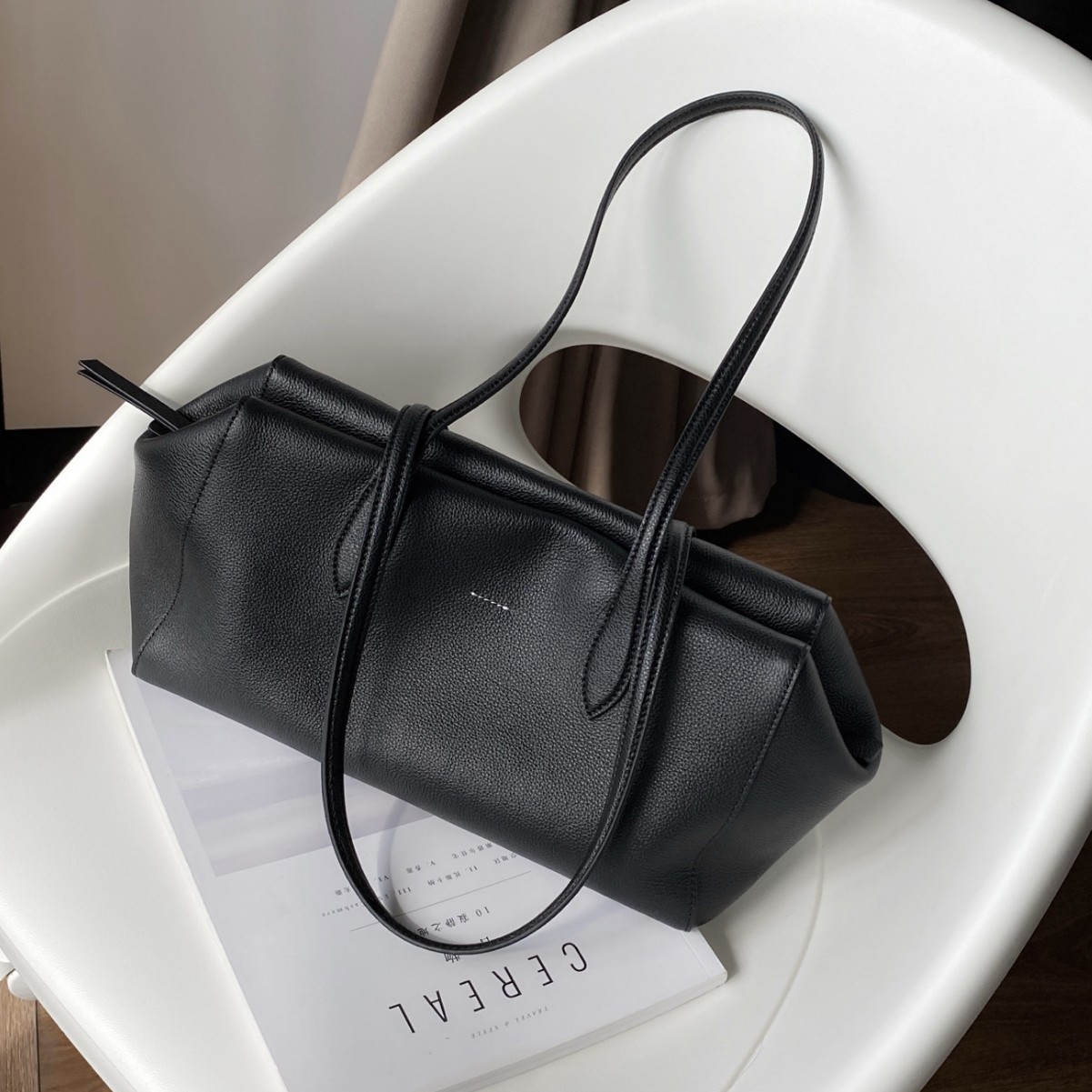 Korean Niche Top Grain Cowhide Underarm Tote Bag For Women, Fashion Genuine Leather Commuter Shoulder Handbag Boston Bag - Thumbnail 3
