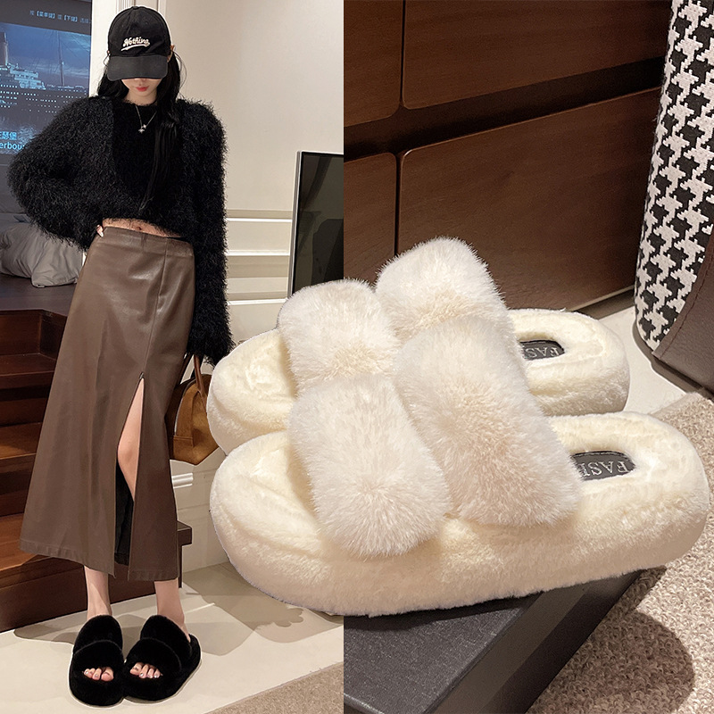 Open Toed Hairy Slippers For Women In Autumn And Winter, New Style For Outdoor Wear, Warm And Thick Soled, Double Straps, Outdoor Cotton Slippers_vogvips.com