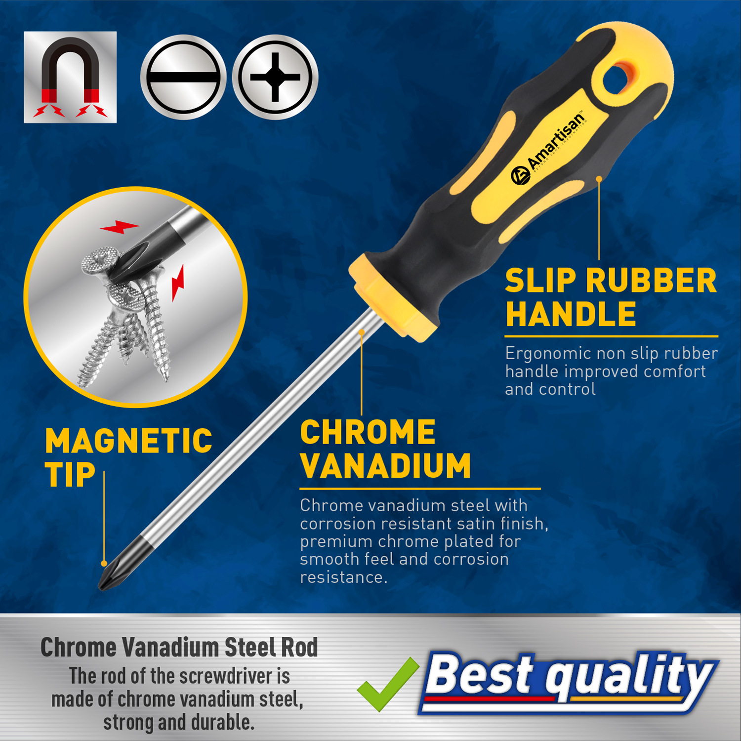 Un conjunto de 15 piezas de destornillador magnético incluye un probador de voltaje de cruz de destornillador aislante.