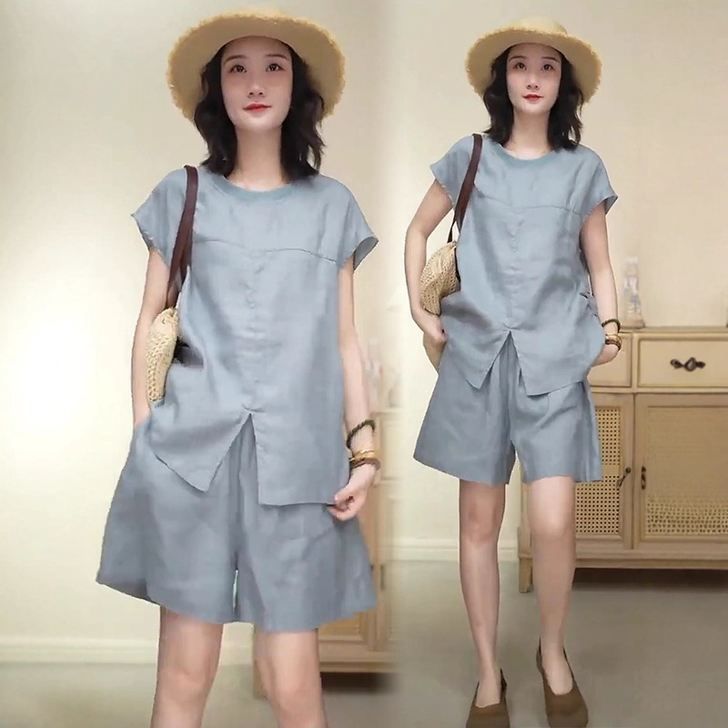 Fashionable Linen Suit for Women 2026 Summer New Stylish Loose Slimming Short-Sleeve Top and Wide-Leg Shorts Two-Piece Set