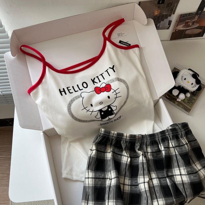 Con almohadilla para el pecho, pijamas hellokitty, pantalones cortos de verano para mujer, suéter de tirantes, lindo traje de servicio a domicilio coreano, algodón de imitación