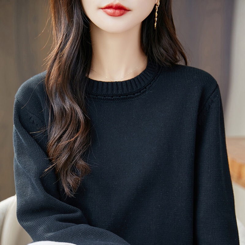 重磅纯棉加厚针织打底衫女法式圆领毛衣2025新款宽松休闲保暖上衣|undefined