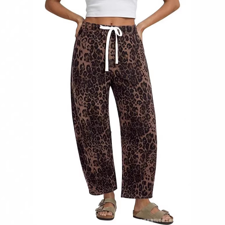 2026 Cross-Border Amazon Independent Site Women's Fashion High-Waisted Slip-On Wide-Leg Short Leopard Print Pants