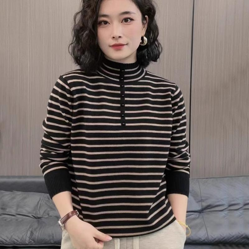 一件代发抖音直播爆款毛衣条纹半高领洋气时尚百搭显瘦女士秋冬新