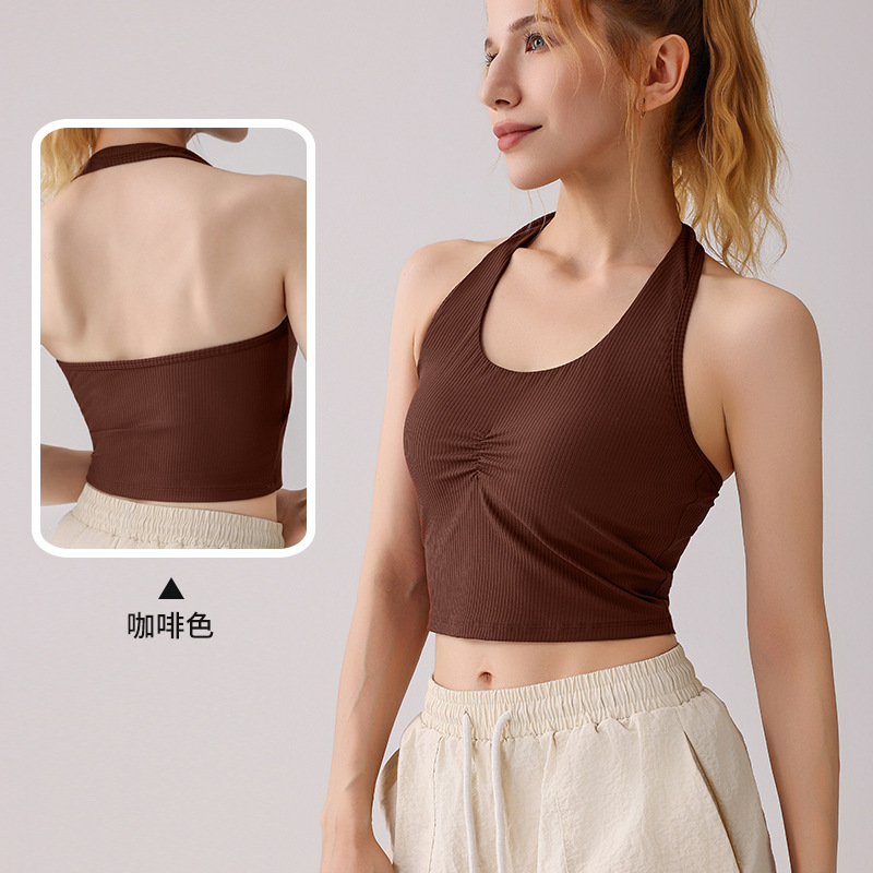 Yoga europeo y americano, cuello halter, roscado, pliegues, sujetador, chaleco deportivo al aire libre para mujer, fitness, hermosa espalda, mujer deportiva
