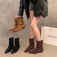 内增高棕色绒面堆堆靴短靴女鞋2025秋季不累脚复古瘦瘦靴小踝靴子