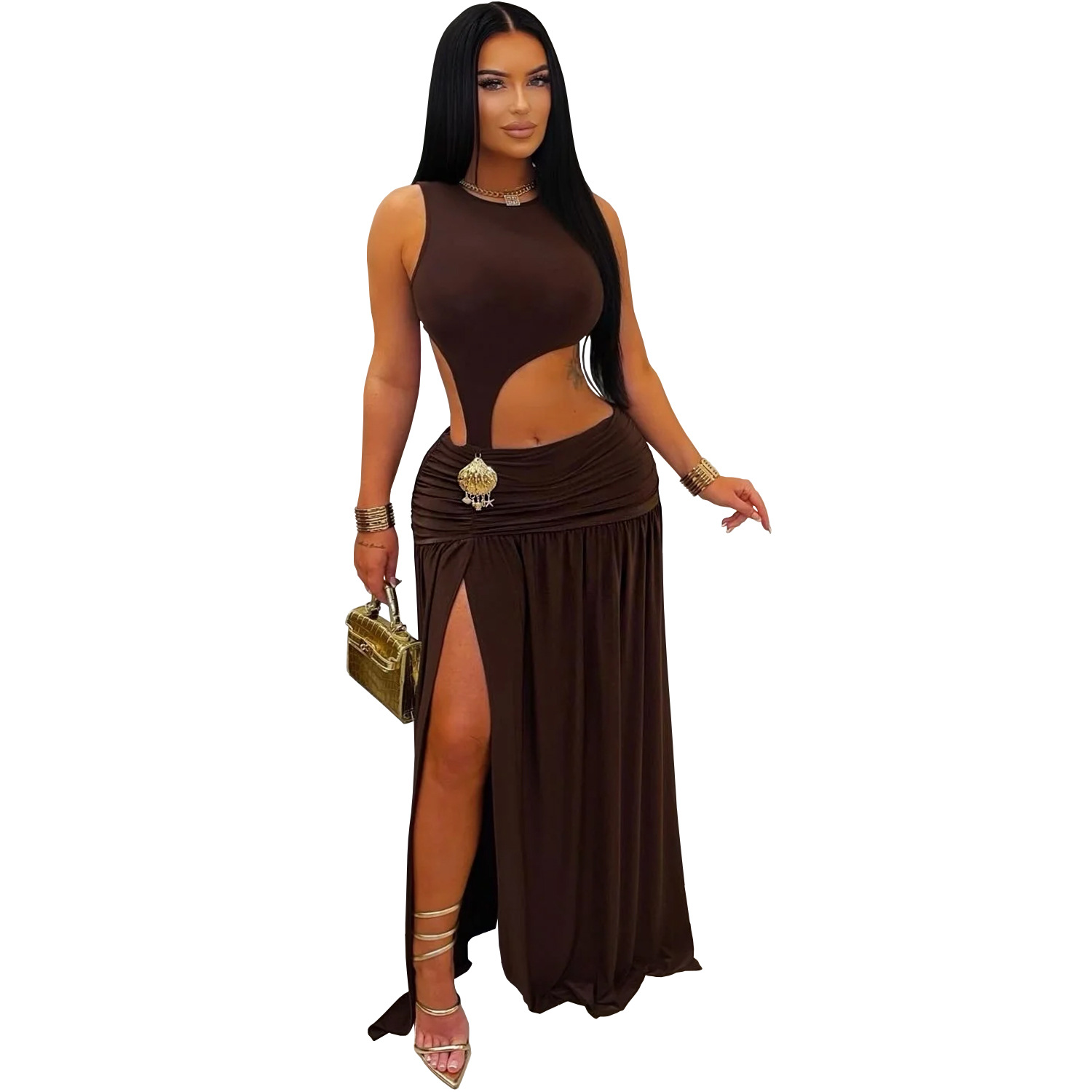 C7597 Aliexpress transfronterizo Amazon Europa y América moda femenina sexy color sólido sin mangas umbilical vestido bifurcado image 9