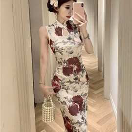新中式中国风印花改良旗袍开衩盘扣连衣裙高级感女夏性感传统细腰