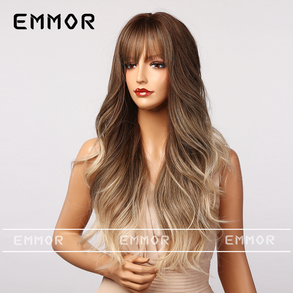 Venta caliente de alta temperatura gradiente de seda marrón onda grande medio largo pelo rizado europeo y americano transfronterizo peluca femenina cubierta de la cabeza completa