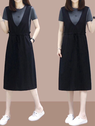 Large size women's clothing 2025 new style Korean loose slimming black dress for women's summer waist waist temperament small black dress