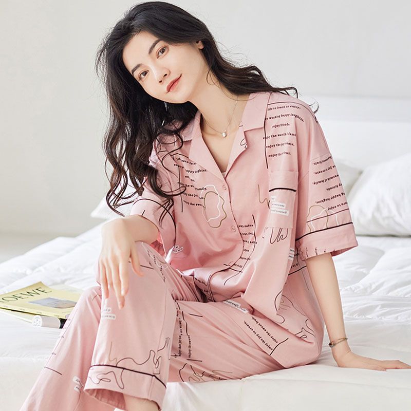 100% pijamas de algodón de verano de las mujeres pantalones de manga corta cardigan dulce verano Delgado homewear traje