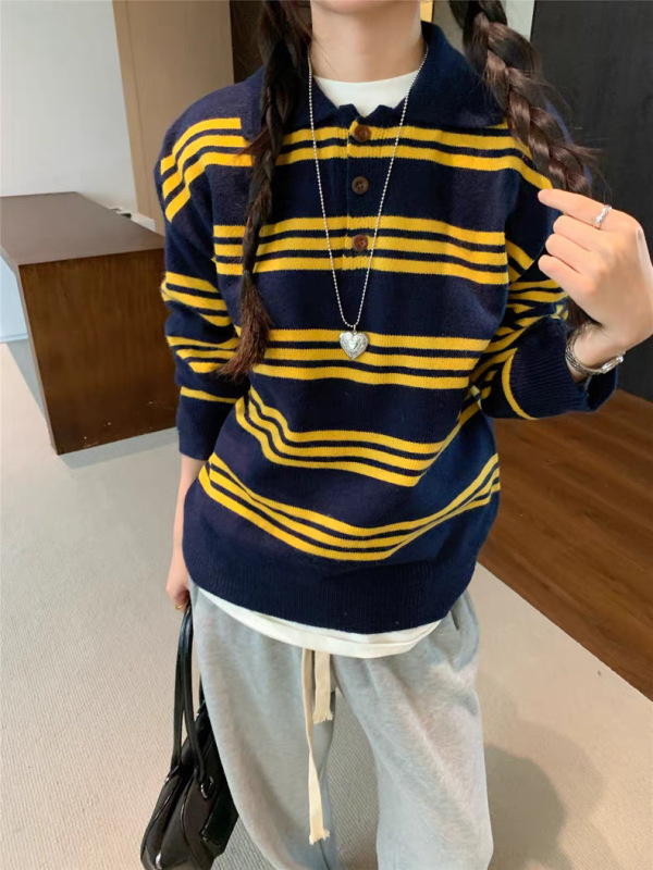 复古美式POLO领条纹长袖针织衫2025秋冬季新款宽松减龄外穿毛衣女|undefined