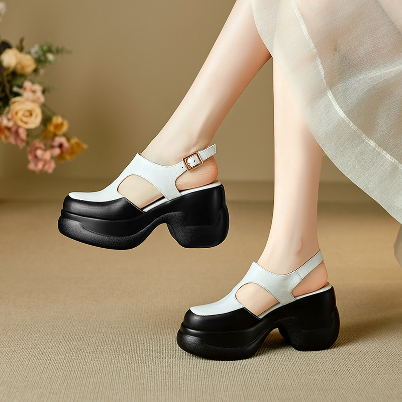 Sandal nữ da bò cao gót đế xuồng phong cách La Mã hở mũi — màu đen, màu trắng