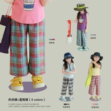 女童棉格子直筒裤2025夏季新款儿童亲肤个性休闲裤子女宝