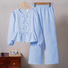 女童套装秋冬新款洋气蝴蝶结荷叶边长袖娃娃衫长裤跨境欧美童装