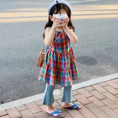 Children's Beach Skirt 2024 Summer Korean Style Girls' Plaid Suspender Skirt Colorful Plaid Vest Skirt Fashionable