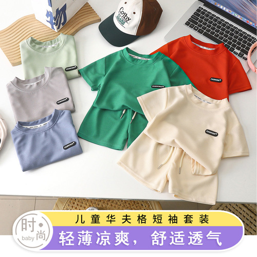 2025 New Children's Spring and Summer Casual Set Loose Casual Unisex Short Sleeve Children's Checkered Wholesale