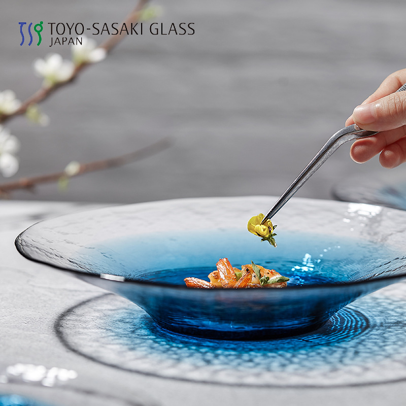 Japan Imported Oriental Sasaki Crystal Glass Dinner Plate Sea Blue Flat Plate Hammered Deep Plate Handmade Fruit Plate