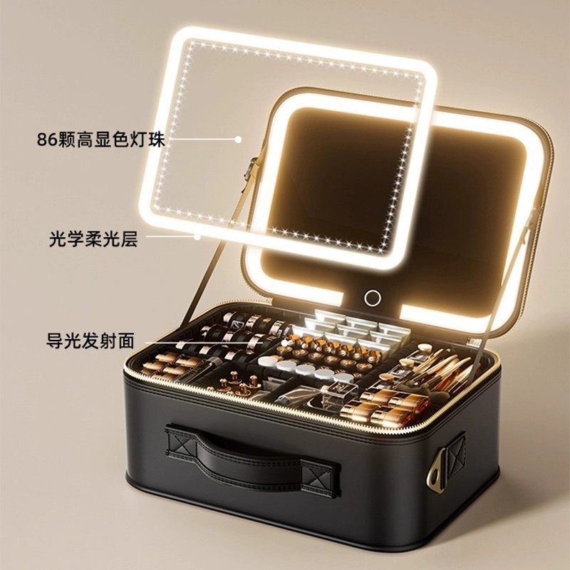 Estuche de Maquillaje con Luz LED de Cuero PU, Gran Capacidad y Antipolvo, para Tocador y Hogar