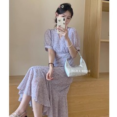 ライトパープルの夢のような美しい青と紫の花柄ドレス夏の新しい気質痩身ウエストドレス女性用