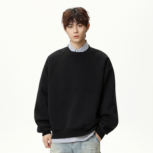 Heavy-duty space cotton crew neck hoodie for men, autumn style, patchwork boxy cut American retro casual turtleneck jacket