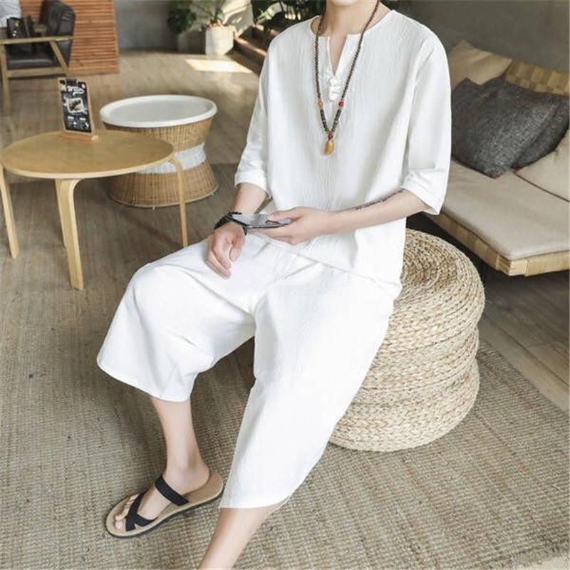 Primavera y verano de los hombres estilo chino retro Tang traje de camiseta de manga corta para hombres traje suelto de gran tamaño Hanfu traje de dos piezas para hombres