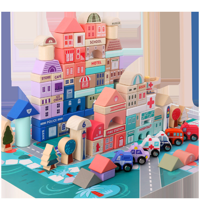 Bloques de madera de colores para niños 115 grano macaron piso urbano gran partícula bloques de construcción rompecabezas Juguetes