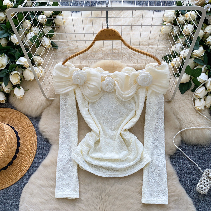Carefully Selected Atmospheric Three-Dimensional Flower One-Shoulder Splicing Long-Sleeved Lace Top for Women in Autum Slimming Look Bottoming Shirt