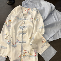 新中式国风水墨画印花冰丝睡衣女春秋新款大码长袖长裤居家服套装