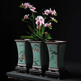 中国风复古手绘陶瓷花盆青瓷四方束腰大号高款花瓶新中式紫砂盆器
