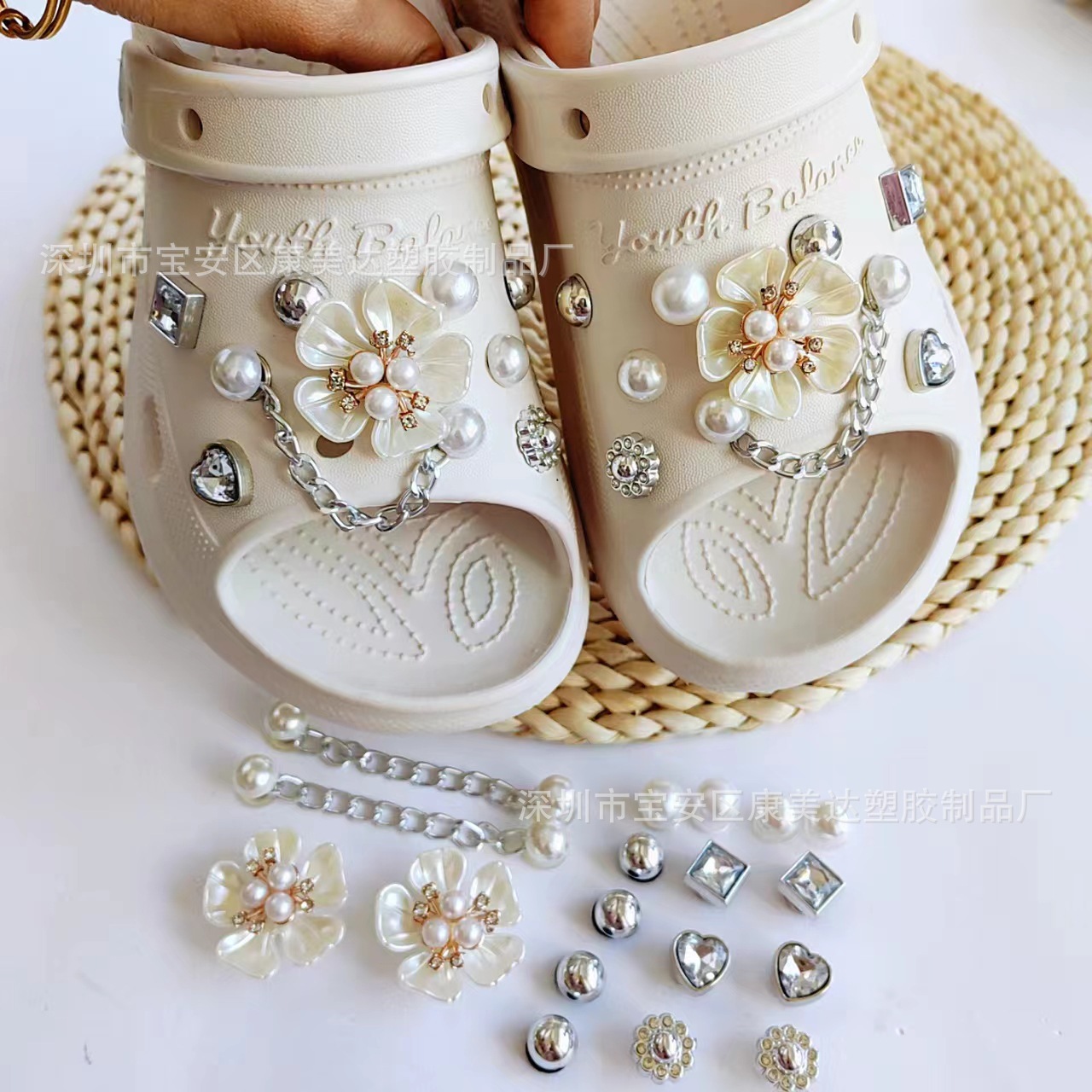 K30-Five 잎 진주 꽃 진주 라인스톤 16 짧은 체인 쌍 (신발 제외)