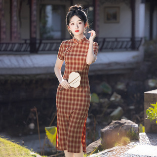 New Retro Literary Collar Daily Mid-Length Elegant Young Style Handmade Cheongsam New Chinese Style National Style Plaid