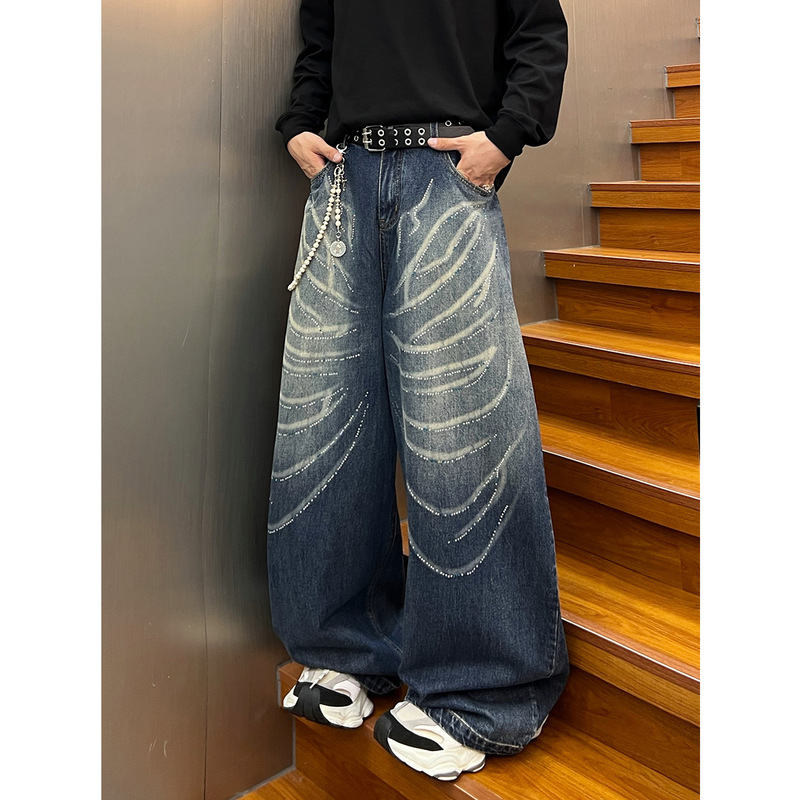 嘉衣库男装2025美式高街RO风个性水洗烫钻牛仔裤痞帅弯刀裤阔腿裤|undefined