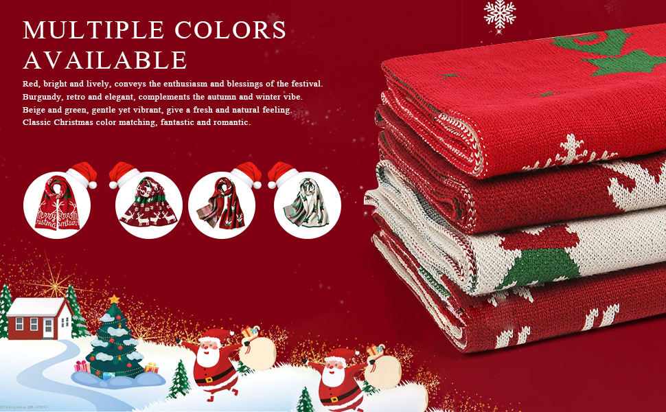 Sciarpa di lana calda lavorata a maglia con renne autunnali e invernali, scialle, sciarpa rossa per Capodanno._voghion.com