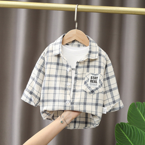 2023春夏新款儿童翻领上衬衣韩版可爱长袖衬衫宝宝童装小方格子潮