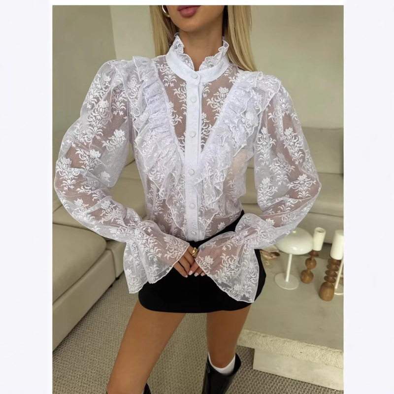 Aliexpress Amazon 2026 European and American Style Lace Simple Shirt Elegant Long-Sleeved Top Aliexpress Amazon 2026 European and American Style Lace Simple Shirt Elegant Long-Sleeved Top