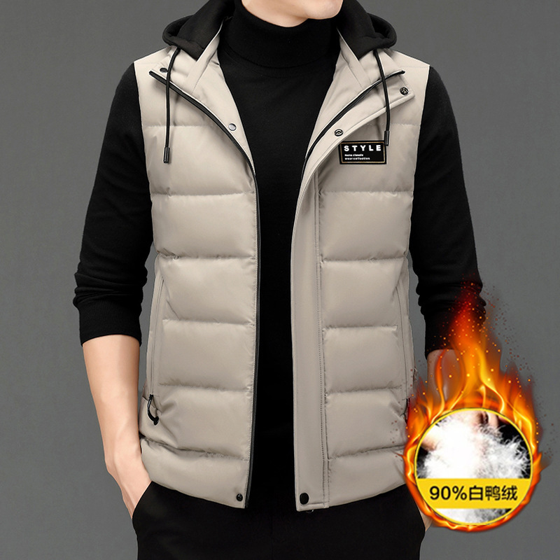 Down Vest 90 White Duck down Men's Classy Thickeneded Winter Cold-Proof Warm Hat Removable Sleeveless Vest Vest